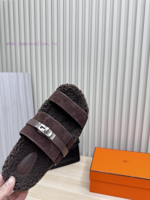 Couple style fashion hit Hermes wool slippers, excellent qualityThe shoe upper is made of iml7p2f4hd - Image 8