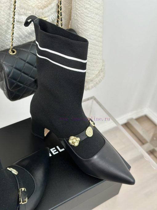 Chanel | Chanel 24B Autumn/Winter New Product Metal Double C Pointed Coarse Heel Socks Bootsc1zqihj1 - Image 6