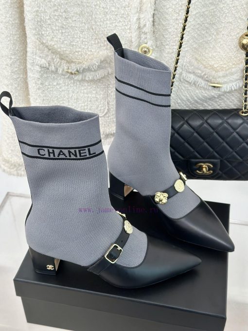 Chanel | Chanel 24B Autumn/Winter New Product Metal Double C Pointed Coarse Heel Socks Boots3jxxeis5 - Image 4