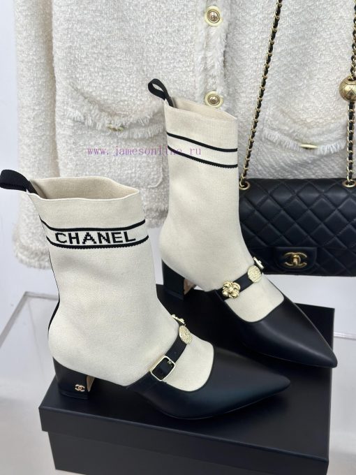 Chanel | Chanel 24B Autumn/Winter New Product Metal Double C Pointed Coarse Heel Socks Bootsaeyab1fs - Image 4