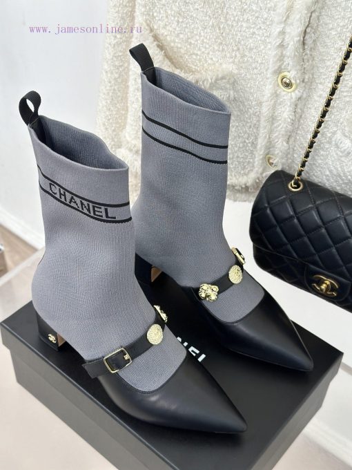 Chanel | Chanel 24B Autumn/Winter New Product Metal Double C Pointed Coarse Heel Socks Boots3jxxeis5 - Image 5