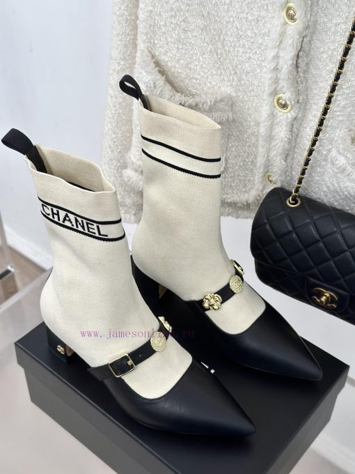 Chanel | Chanel 24B Autumn/Winter New Product Metal Double C Pointed Coarse Heel Socks Bootsaeyab1fs - Image 5