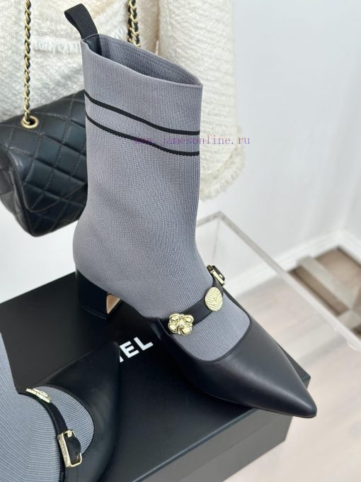 Chanel | Chanel 24B Autumn/Winter New Product Metal Double C Pointed Coarse Heel Socks Boots3jxxeis5 - Image 6
