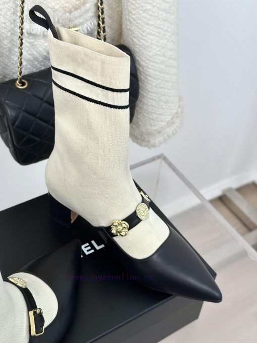 Chanel | Chanel 24B Autumn/Winter New Product Metal Double C Pointed Coarse Heel Socks Bootsaeyab1fs - Image 6