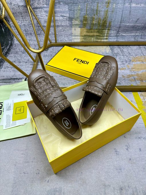 Latest FENDI loafers, made of military green lychee patterned cowhide fabric, with two layerhty40bvj - Image 6