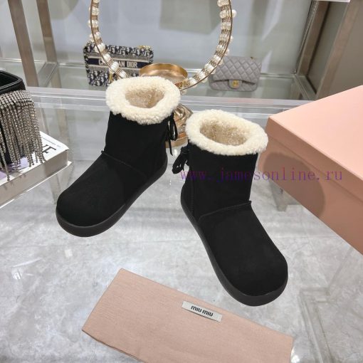 MiuMiu 2024 Autumn/Winter Fashion Style Strapped Wool Short Boots Snow Boots Fury ShoesFrequb5gt42zo - Image 2