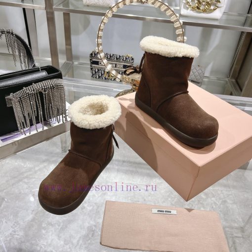 MiuMiu 2024 Autumn/Winter Fashion Style Strapped Wool Short Boots Snow Boots Fury ShoesFrequvc4r7n9r - Image 9