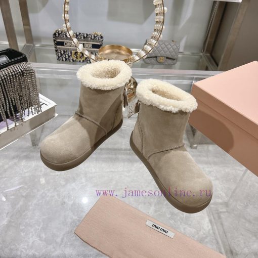 MiuMiu 2024 Autumn/Winter Fashion Style Strapped Wool Short Boots Snow Boots Fury ShoesFrequrfbv4bos - Image 4