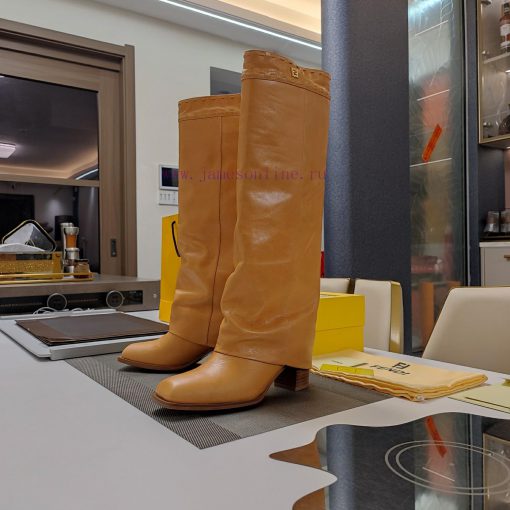 Wooden grain thick heeled pants boots/square toe single shoesFendi Top Edition 2023 Officialezv0v30s - Image 3