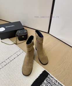 Chanel thick heel high-heeled short boots with side zipper and double C-buckle decoration faxoxzh20r