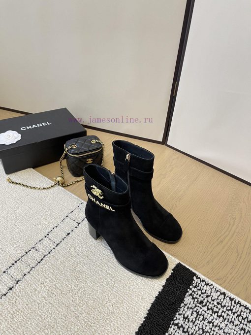 Chanel thick heel high-heeled short boots with side zipper and double C-buckle decoration fa9pywlw36 - Image 3