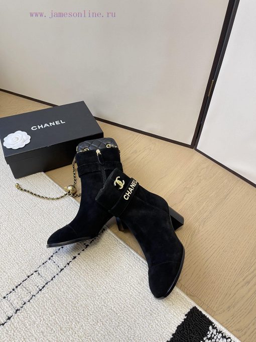 Chanel thick heel high-heeled short boots with side zipper and double C-buckle decoration fa9pywlw36 - Image 4