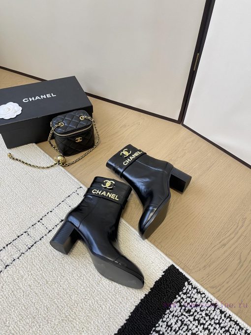 Chanel thick heel high-heeled short boots with side zipper and double C-buckle decoration fatkfyk6o5 - Image 8