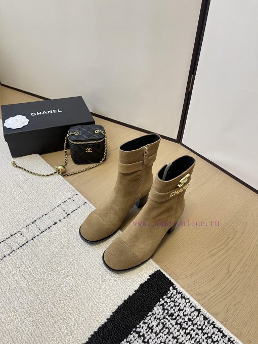 Chanel thick heel high-heeled short boots with side zipper and double C-buckle decoration faxoxzh20r - Image 4