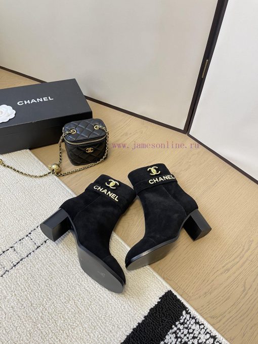 Chanel thick heel high-heeled short boots with side zipper and double C-buckle decoration fa9pywlw36 - Image 6