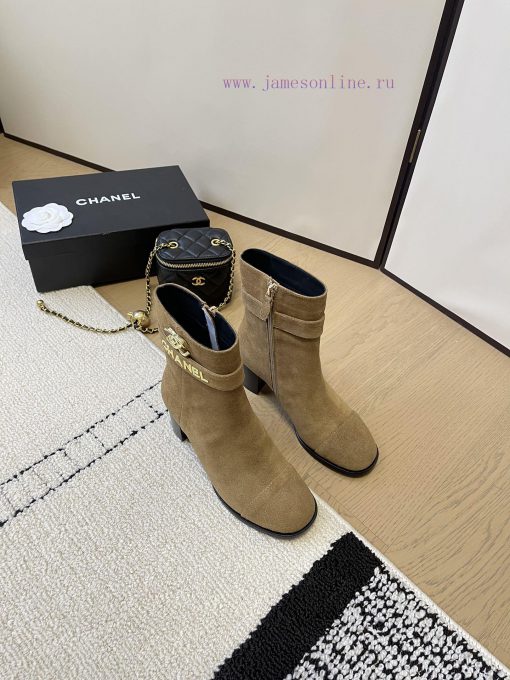 Chanel thick heel high-heeled short boots with side zipper and double C-buckle decoration faxoxzh20r - Image 6