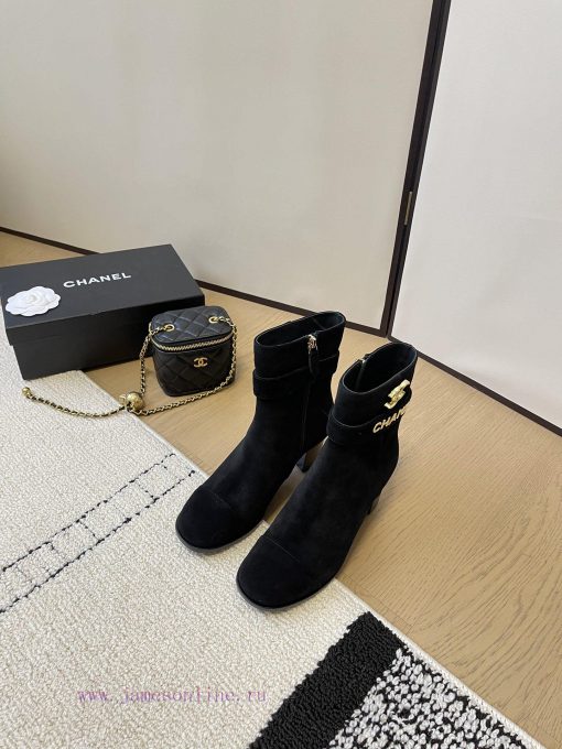 Chanel thick heel high-heeled short boots with side zipper and double C-buckle decoration fa9pywlw36 - Image 9