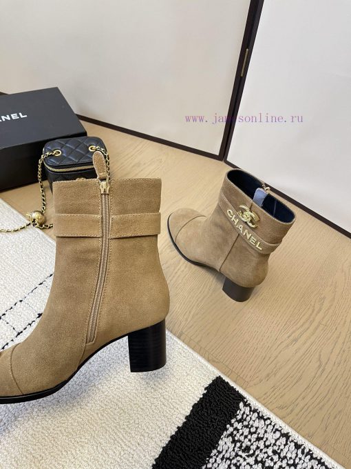 Chanel thick heel high-heeled short boots with side zipper and double C-buckle decoration faxoxzh20r - Image 9