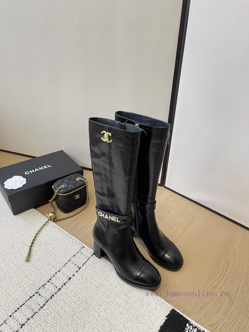 Chanel thick heel high-heeled boots with side zipper and double C-buckle decoration fashion halcb8pv - Image 3