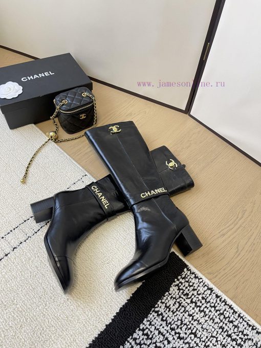 Chanel thick heel high-heeled boots with side zipper and double C-buckle decoration fashion halcb8pv - Image 4