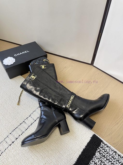Chanel thick heel high-heeled boots with side zipper and double C-buckle decoration fashion halcb8pv - Image 8