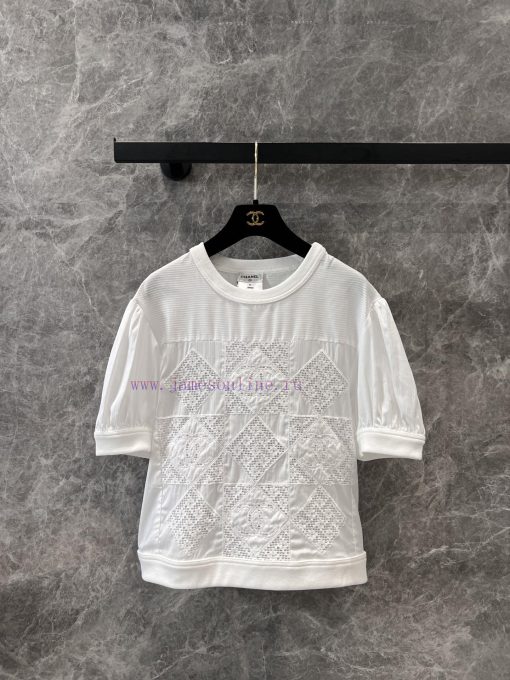 ZT61070 Chanel 25Ss Spring/Summer New Cutout Splicing Patchwork Embroidered Short Sleeve Top | p7eakhkk