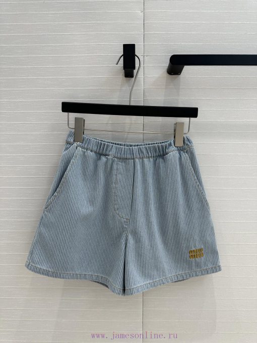 High End Quality BK77579 Miu * 25 Spring/Summer New Collection Retro Striped Denim Shorts Elast u9j50s5i