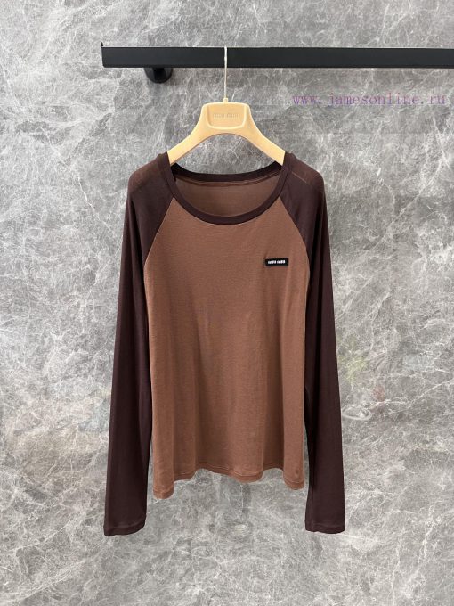 ZT60708 Miumi * 25Ss Spring/Summer New Micro Logo Splicing Long Sleeve T-shirt | YB Developed S kxxau7zc