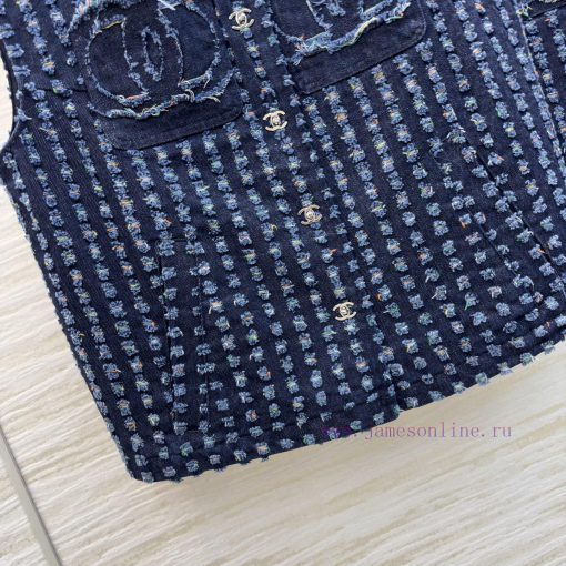 CT77502 Chanel 25 New Product Denim Burnt Flower Series Round Neck Vest Jacket+double C Decorat xt5p901e - Image 7
