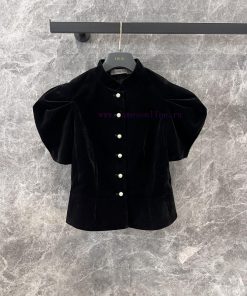 ZT59158 Dior 25Ss Early Spring Vacation Series New Pearl Button Velvet Short Sleeve Top | YB De eslqpino