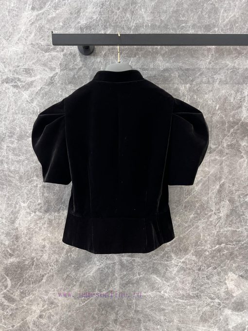 ZT59158 Dior 25Ss Early Spring Vacation Series New Pearl Button Velvet Short Sleeve Top | YB De eslqpino - Image 3