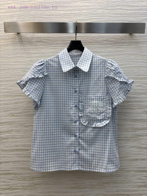 CC76158 Miu Miu 25 Spring/Summer Fashionable Flip Collar Plaid Shirt With Fresh Light Blue Plai k2f461jz - Image 2