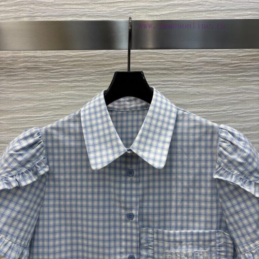 CC76158 Miu Miu 25 Spring/Summer Fashionable Flip Collar Plaid Shirt With Fresh Light Blue Plai k2f461jz - Image 3