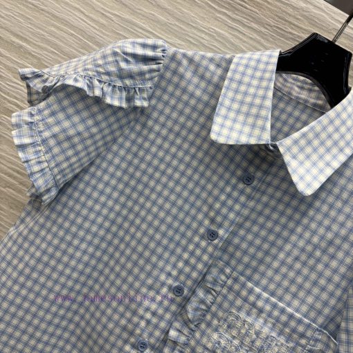 CC76158 Miu Miu 25 Spring/Summer Fashionable Flip Collar Plaid Shirt With Fresh Light Blue Plai k2f461jz - Image 4