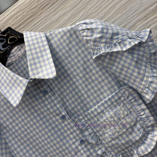 CC76158 Miu Miu 25 Spring/Summer Fashionable Flip Collar Plaid Shirt With Fresh Light Blue Plai k2f461jz - Image 5