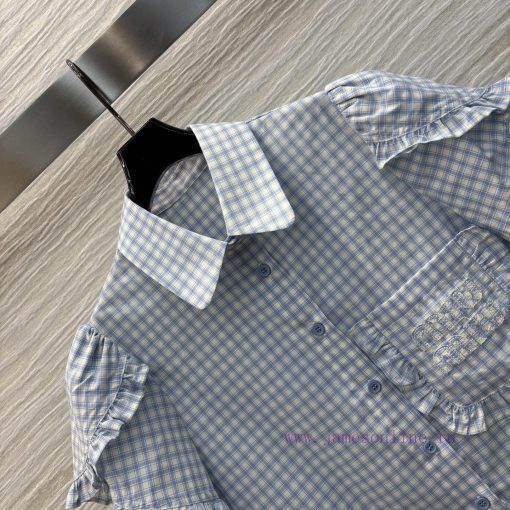 CC76158 Miu Miu 25 Spring/Summer Fashionable Flip Collar Plaid Shirt With Fresh Light Blue Plai k2f461jz - Image 7