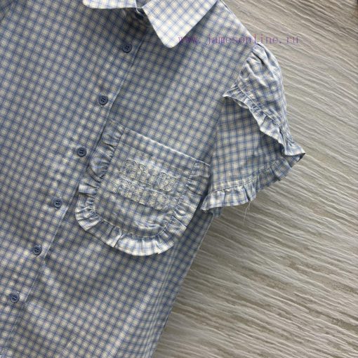 CC76158 Miu Miu 25 Spring/Summer Fashionable Flip Collar Plaid Shirt With Fresh Light Blue Plai k2f461jz - Image 8