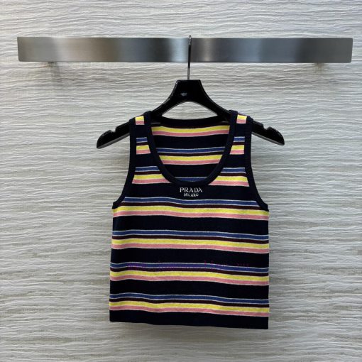CT76191 Prada 25 Early Spring New Collection Rainbow Stripe Knitted Series Short Tank Top+Round 5uxueqso - Image 2