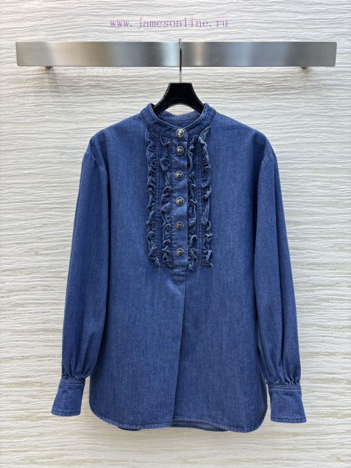 CC76220 Valentino 25 Early Spring New Palace Style Lace Round Neck Denim Long Sleeve Shirt Vint 2vc4m0l3