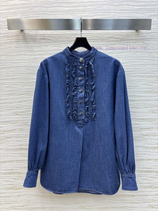 CC76220 Valentino 25 Early Spring New Palace Style Lace Round Neck Denim Long Sleeve Shirt Vint 2vc4m0l3 - Image 2