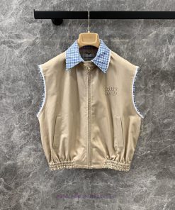 ZK60609Miumi * 25Ss Early Spring New Retro Artistic Style Khaki Vest Jacket 丨 Yb Developed Sky o5lngfhg