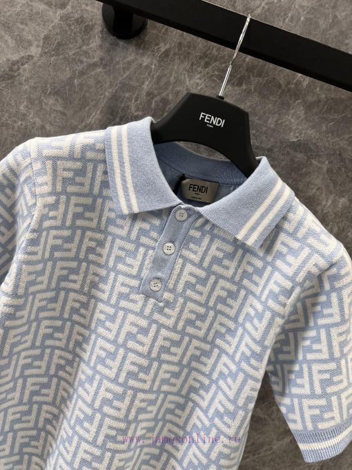 ZT60613 Fendi 25Ss Early Spring New Letter Jacquard Polo Collar Knitted Short Sleeve Sweater | f2jbsw72 - Image 4
