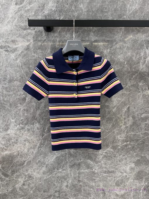 ZT60617 Prada 25Ss Spring/Summer New Color Striped Knitted Polo Collar Short Sleeve Top | Produ e3p1d5a4 - Image 2
