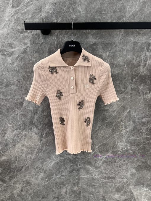 ZT60650 Fendi 25Ss Early Spring New Collar Heavy Industry Sequin Knitted Short Sleeve Top | Ori qjb5n2wb - Image 2