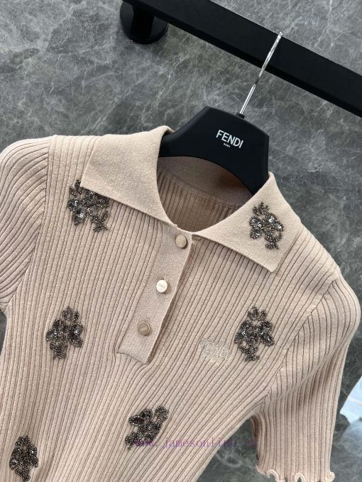 ZT60650 Fendi 25Ss Early Spring New Collar Heavy Industry Sequin Knitted Short Sleeve Top | Ori qjb5n2wb - Image 4