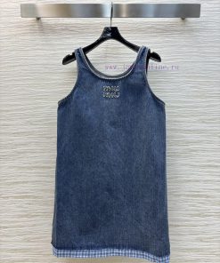 CL76323 Miu Miu 25 Spring/Summer New Collection Embroidered Denim Fringed Camisole Dress With E hrcbsq4k