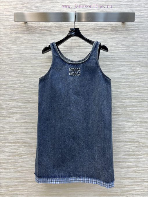CL76323 Miu Miu 25 Spring/Summer New Collection Embroidered Denim Fringed Camisole Dress With E hrcbsq4k - Image 2