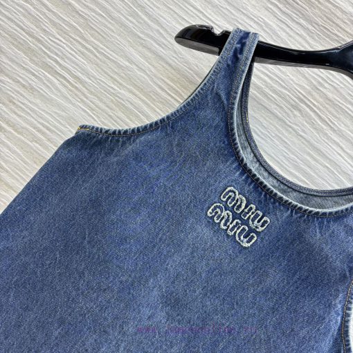 CL76323 Miu Miu 25 Spring/Summer New Collection Embroidered Denim Fringed Camisole Dress With E hrcbsq4k - Image 4