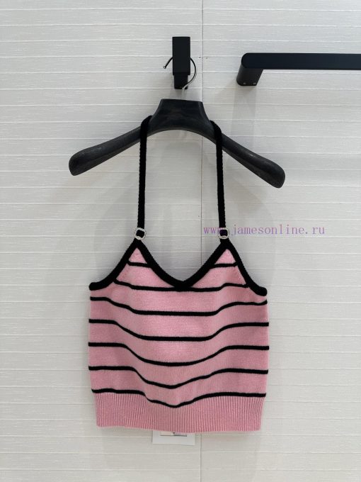 BT76373 Cha * 25s New Product Color Contrasting Striped Hanging Neck Knitted Tank Top White Ric u5i5kvyl