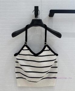 BT76373 Cha * 25s New Product Color Contrasting Striped Hanging Neck Knitted Tank Top White Ric 7jh3d33k